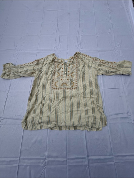 Pure Jill Tops - #44 Pure Jill Cream Embroidered Peasant Tunic with Blue Stripes size(2x)